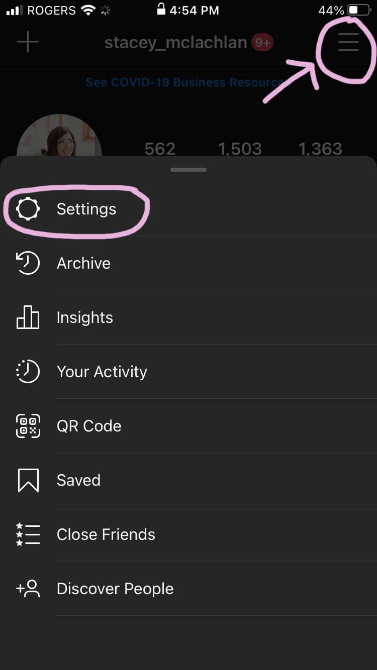 Use Settings to switch to Instagram business profile