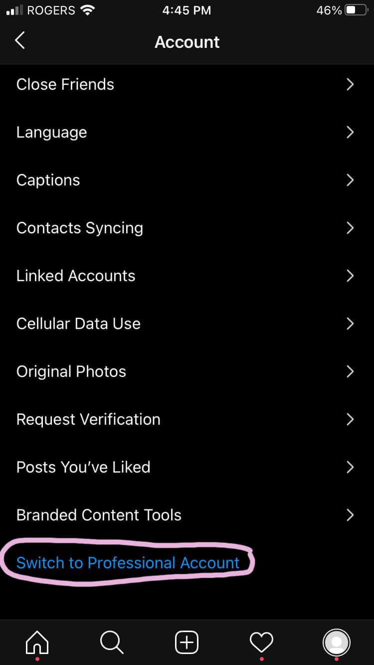 Switch to professional account