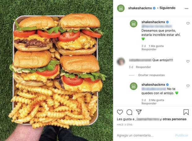 Publicación de Instagram de Shake Shack con comentarios