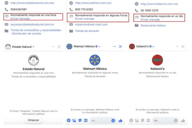 Captura de pantalla del nivel de respuesta de tres marcas: Estado natural, Walmart México e Italiannis