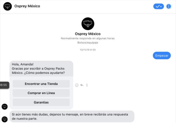 Captura de pantalla de una interacción que se tuvo con la marca Osprey a través de FB Messenger