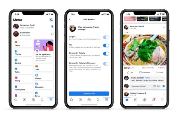 3 mobile phone screens showcasing Facebook's updated admin controls