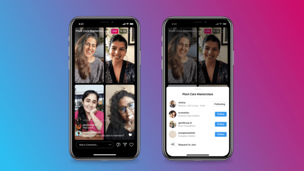 Instagram Live Rooms; two screenshots showing four speakers sharing a screen and adding new speakers to the live stream