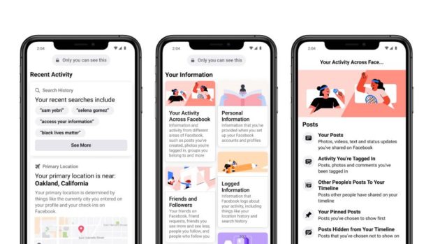 3 mobile screens displaying the "Access Your Information" section on Facebook: Recent Activity, Your Information, and Your Activity Across Facebook
