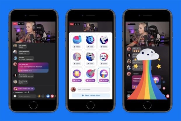 View of Facebook Stars across 3 mobile phone screens: view of gamer girl live streaming, view of available stickers viewers can award the streamer, view of sticker being awarded