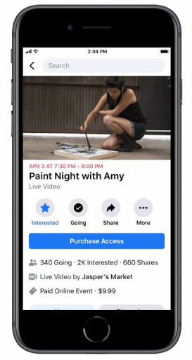 Mobile phone screen with Facebook paid event page