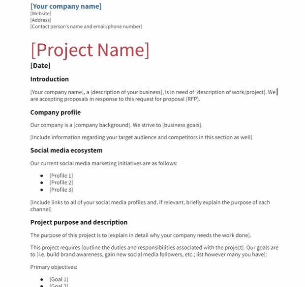 screenshot preview of the social media RFP template
