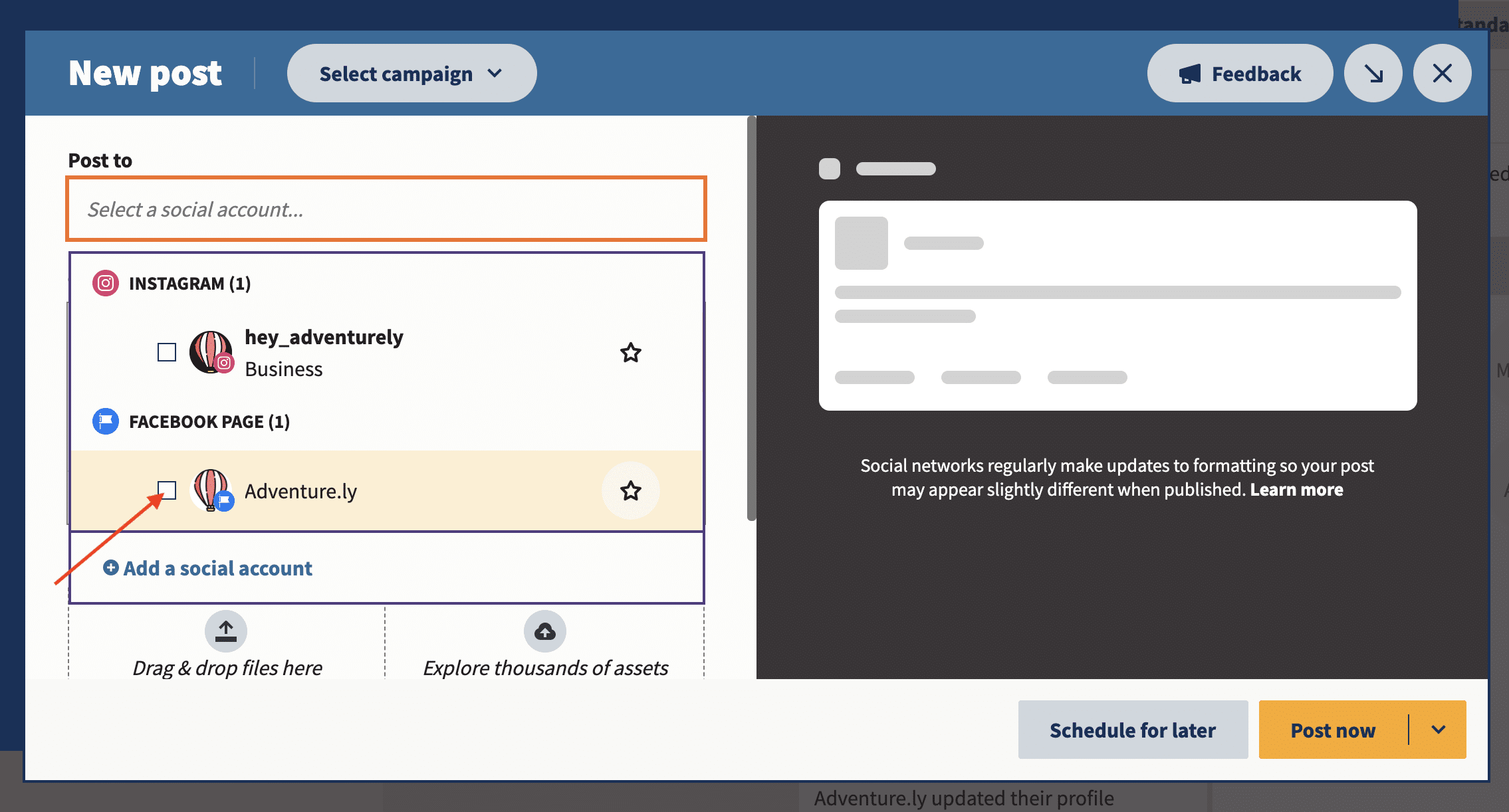 selecione a página do Facebook no Hootsuite