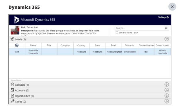 screenshot showing Hootsuite data in Microsoft Dynamics 365