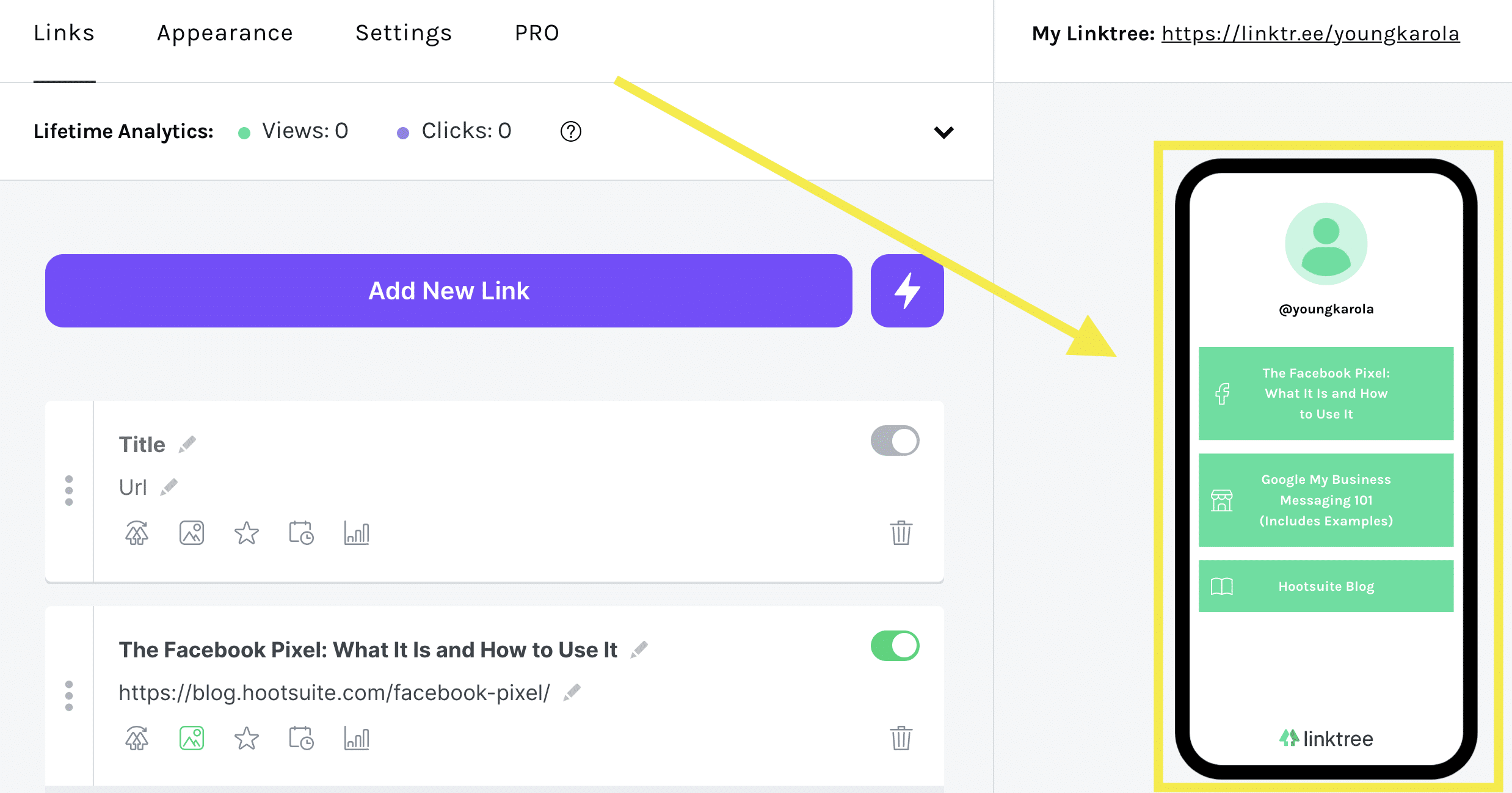 see preview of link tree on dashboard