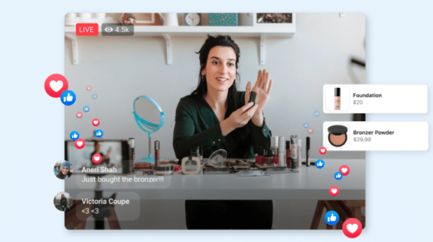 shopping live stream with host presenting makeup products