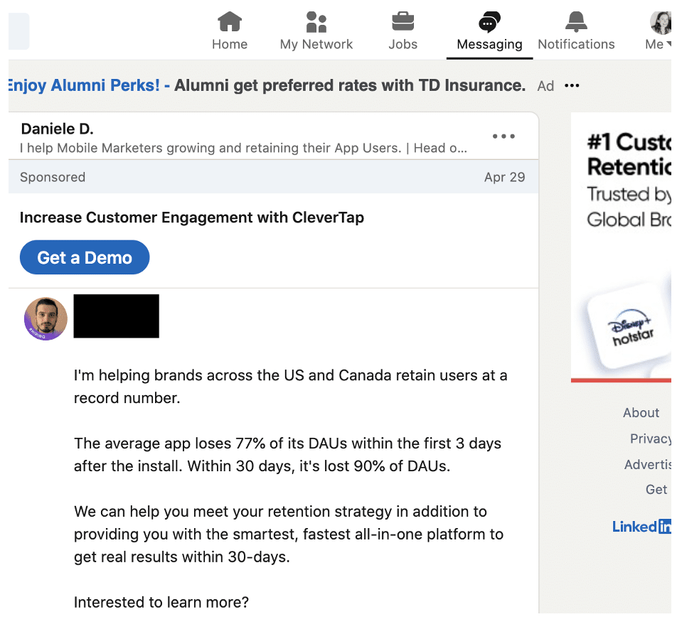 LinkedIn direct message CleverTap