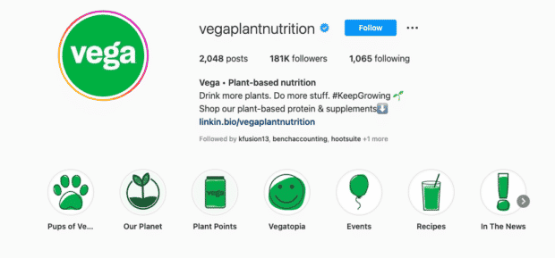 Instagram-Bio von Vega, einem Unternehmen für pflanzenbasierte Nahrungsergänzungsmittel