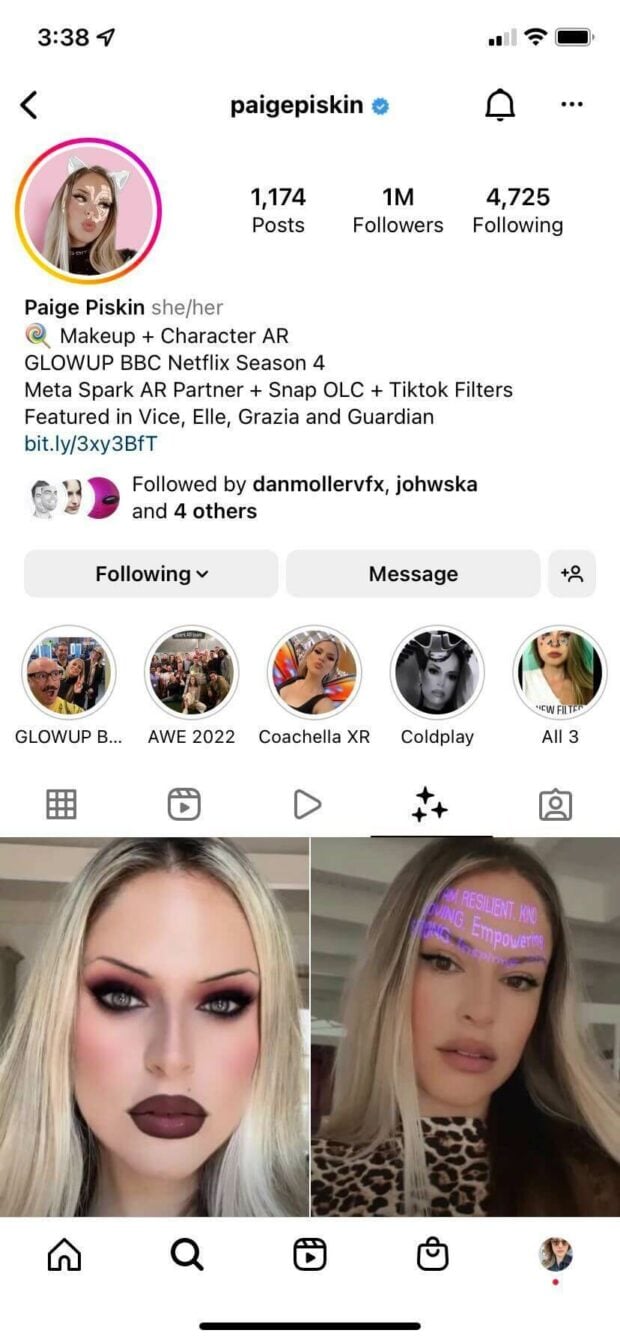 Paige Piskin's Instagram profile has a different tab for filters