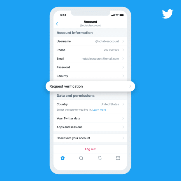 Twitter Accounts setting screen with highlighted "Request verification" option