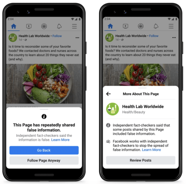 Popup in Facebook app explaining that a Page has repeatedly shared information flagged by independent fact-checkers