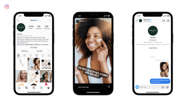 3 phone screens displaying a brand's Instagram account, the brand's Instagram Story and a Direct Messages view with a reply to the Instagram Story