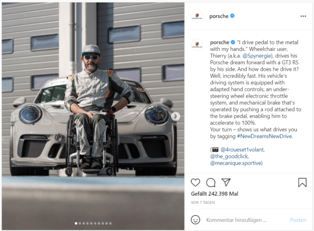 Porsche wirbt mit einem Zitat des Rollstuhlfahrers Thierry für ein behindertengerechtes Automodell.
