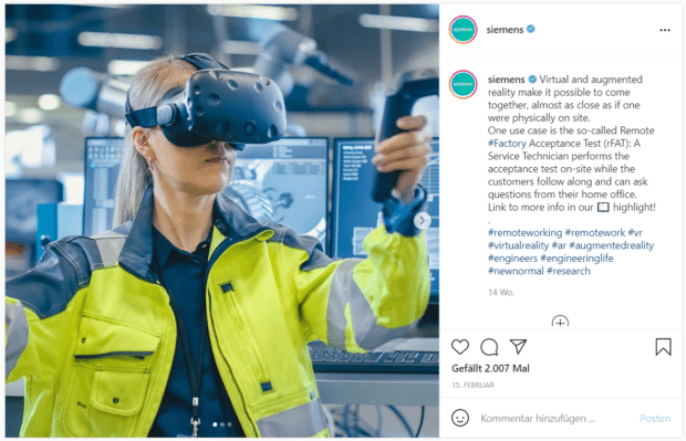Instagram-Post über Virtual- und Augmented-Reality-Technologien am Arbeitsplatz mit Link zu weiterführenden Informationen