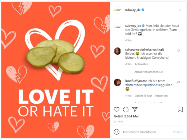 Die Fast-Food-Kette Subway fragt ihre Follower, ob sie Gewürzgurken mögen.