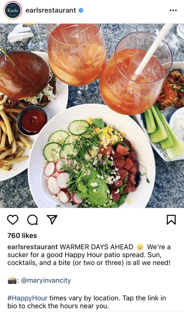 Earls Restaurant "warmer days ahead" spring Instagram caption