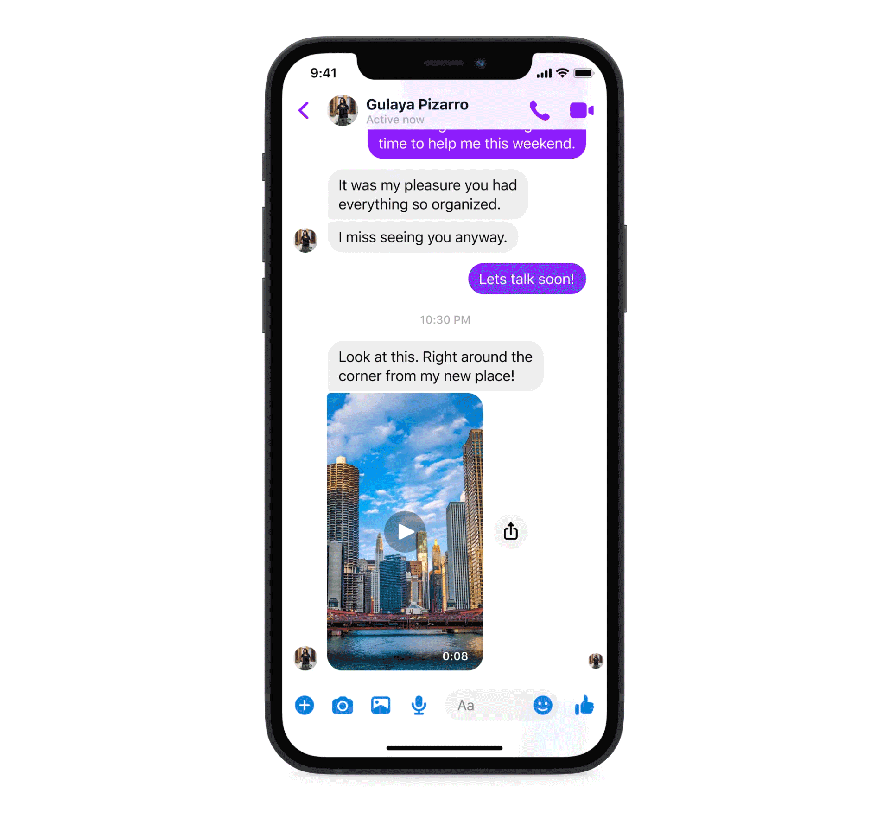 Short video loop showcasing how to open a media file in Facebook Messenger and reply to it using the quick reply bar