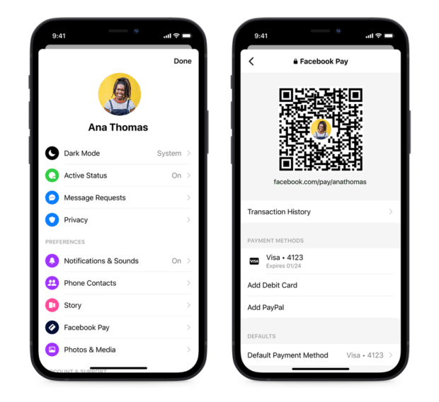 Facebook Pay interface within the Messenger App. Screenshot includes QR code, Transaction History section, Payment Methods section.