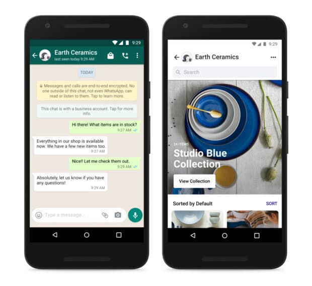 Two phone screens showcasing Facebook Shops within WhatsApp and Marketplace