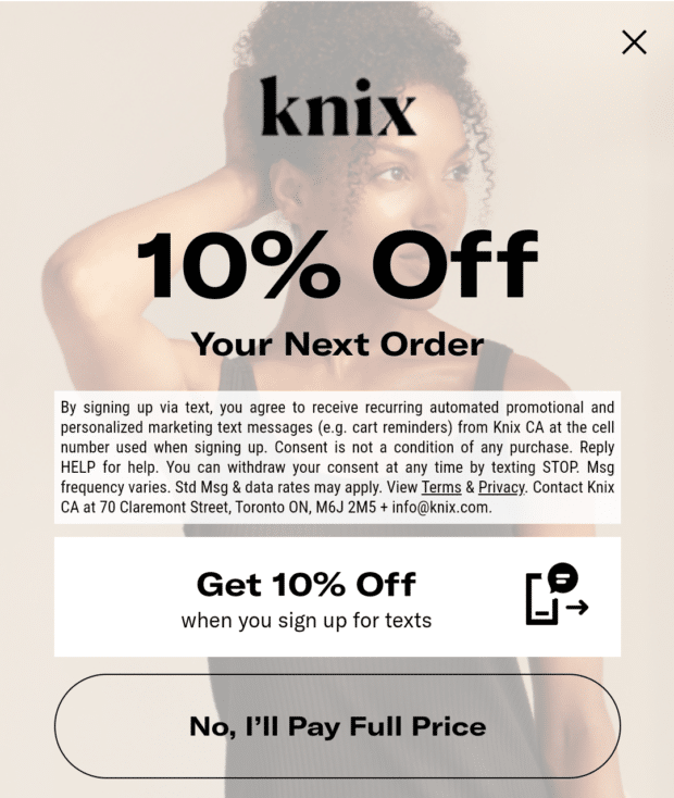 Knix 10% off next order SMS opt-in