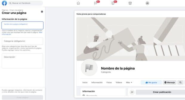 Pantalla que aparece para empezar a crear tu página de Facebook para empresas