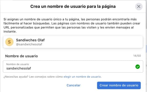 Caja de diálogo para crear el nombre de usuario