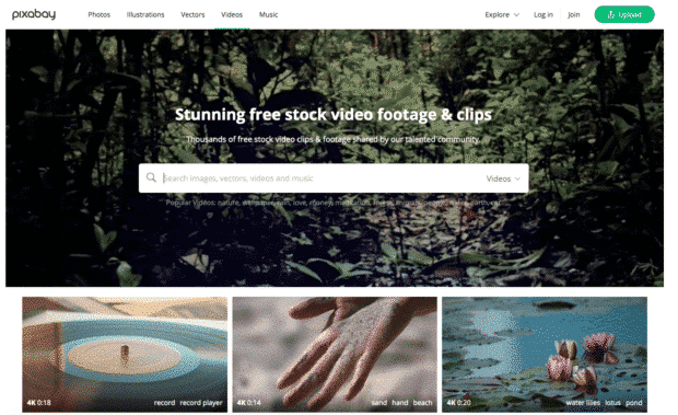 Página de inicio de Pixabay, un sitio web que ofrece videos de stock impresionantes