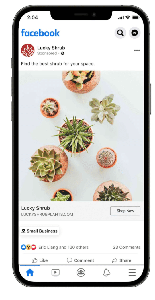 iPhone screen displaying Facebook ad with Small Business badge