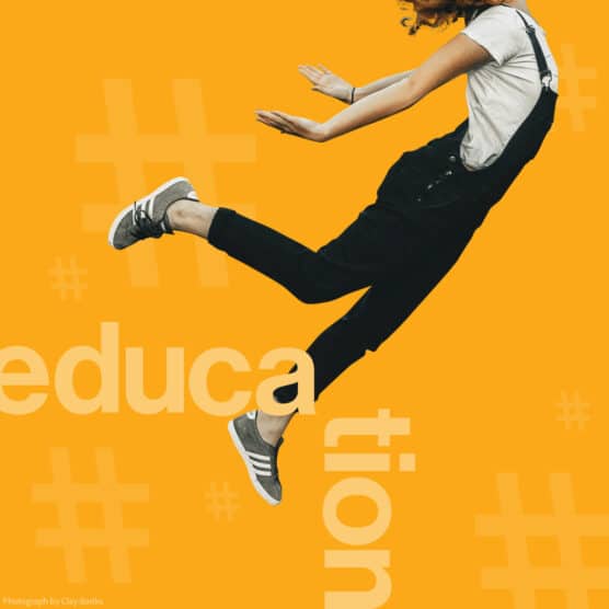 person floating on a yellow background with the word "education" overlaid