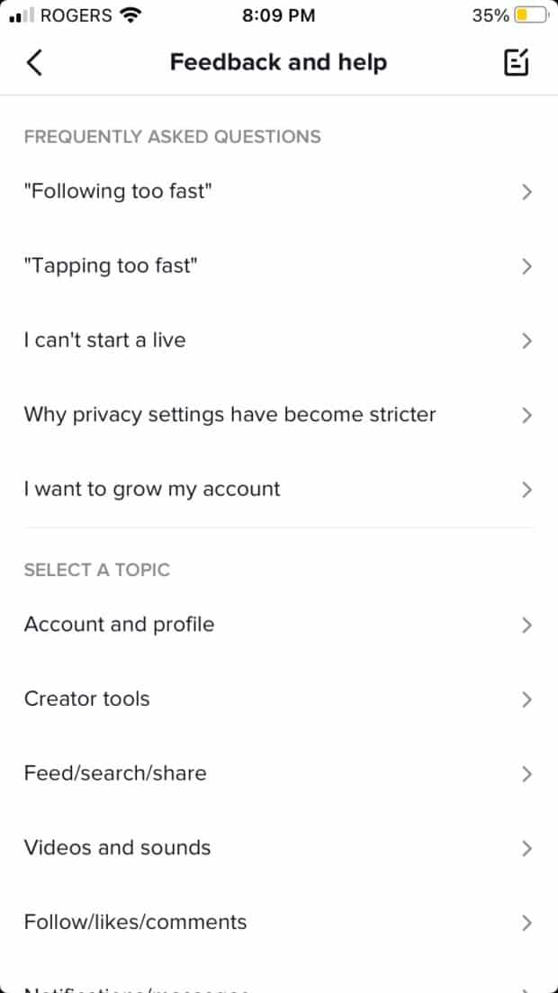 Feedback and help screen on TikTok