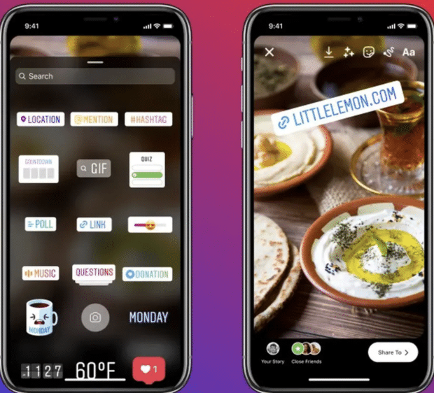 Instagram Story Sticker menu including link sticker