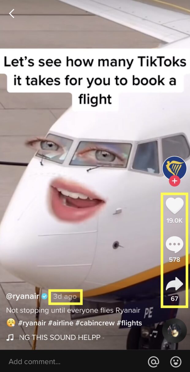 Captura de pantalla de un TikTok de RyanAir para ejemplificar la fecha de publicación