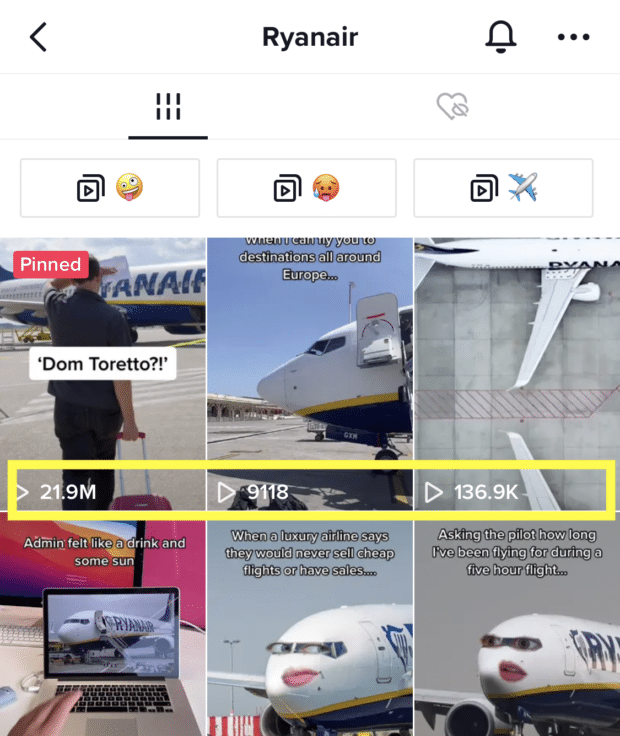 Ryanair's TikTok feed with view counts displayed in video thumbnails - time to post on TikTok