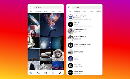 Two phone screens showcasing Instagram search results