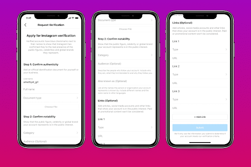 3 iphone screens displaying the Instagram verification process