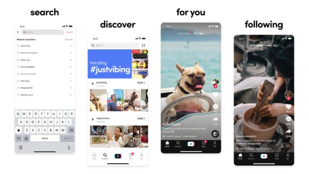 4 TikTok screenshots showcasing the 4 discovery channels in the app