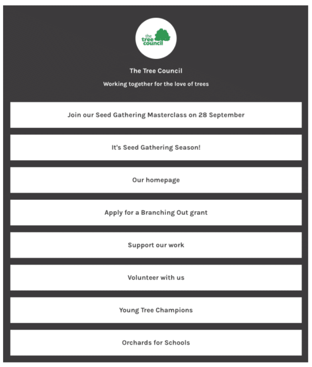The Tree Council landing page with multiple links