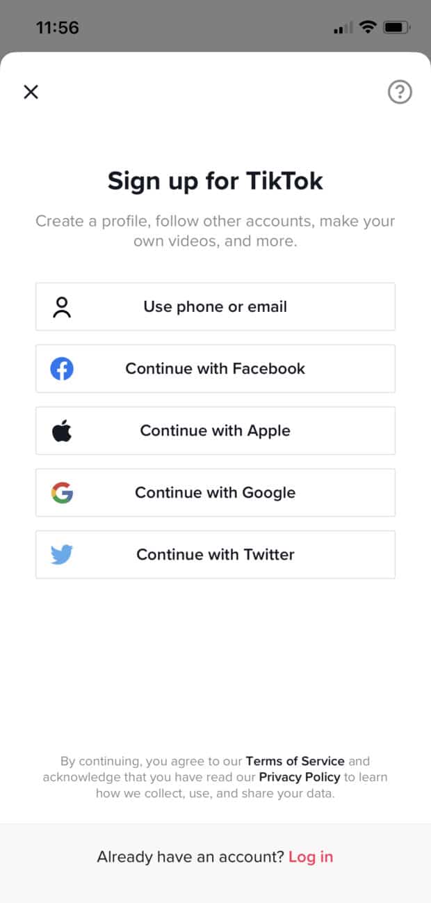 sign up for TikTok using phone or email