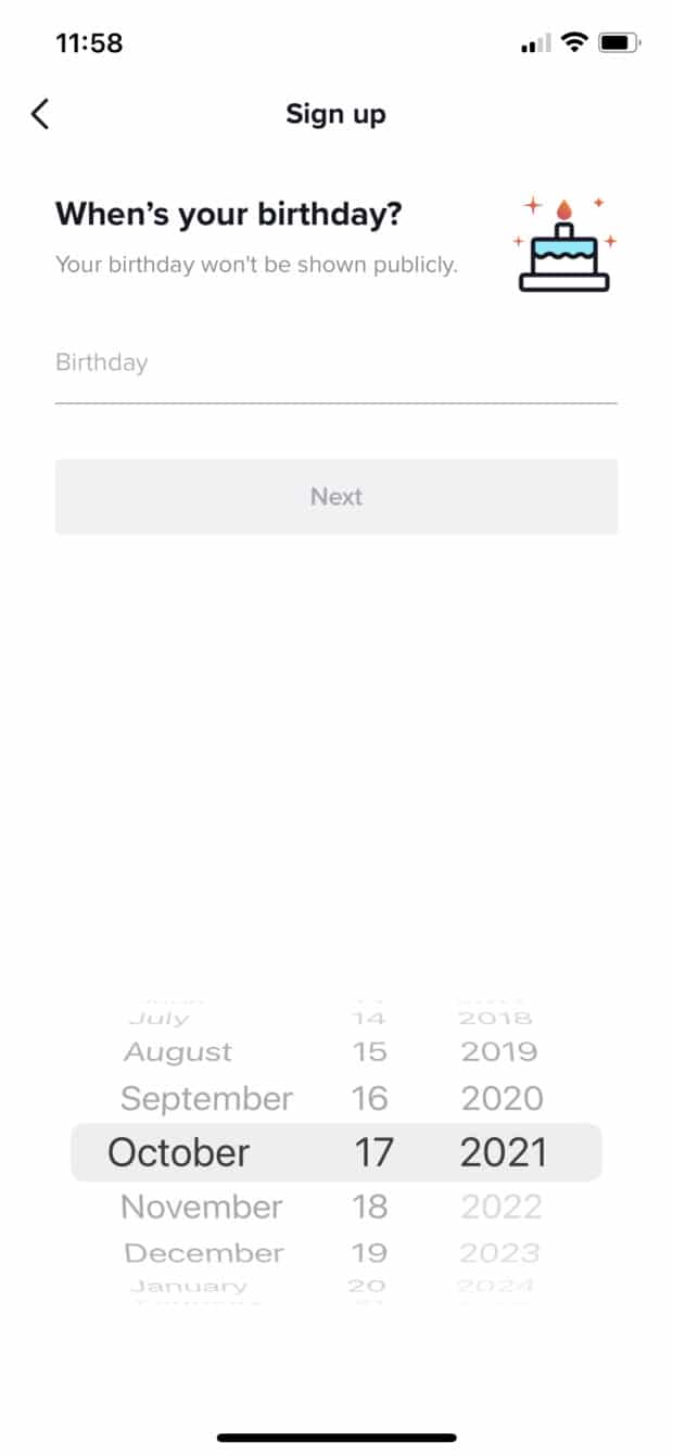 enter birthday when signing up on TikTok