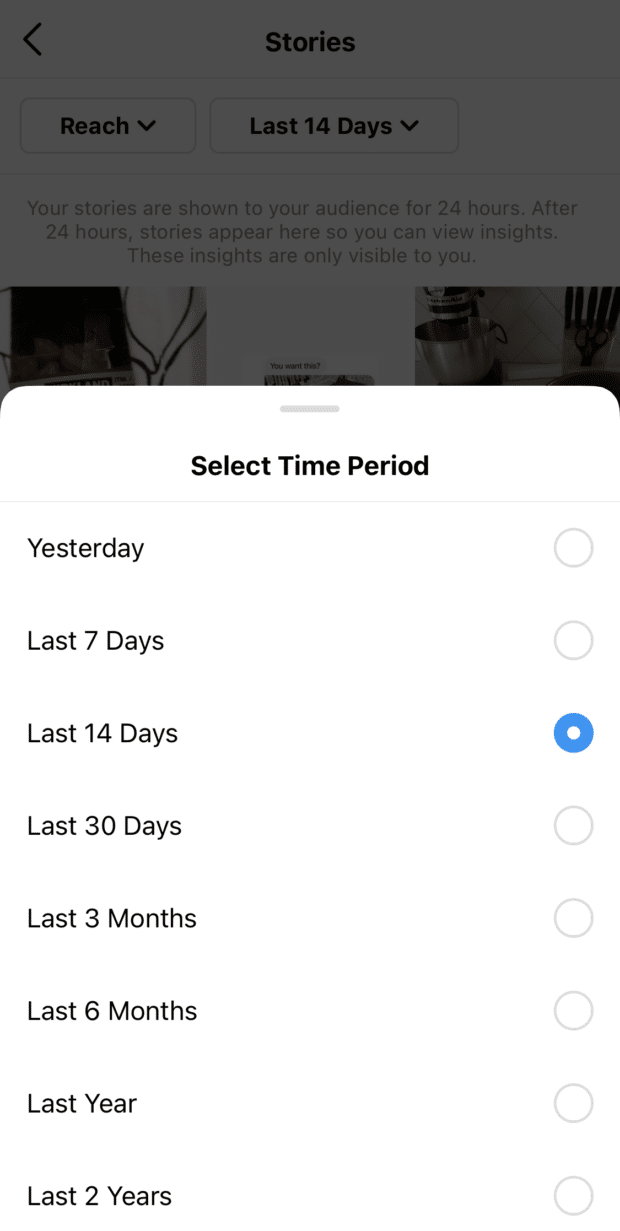 Instagram Insights - selecting a time period