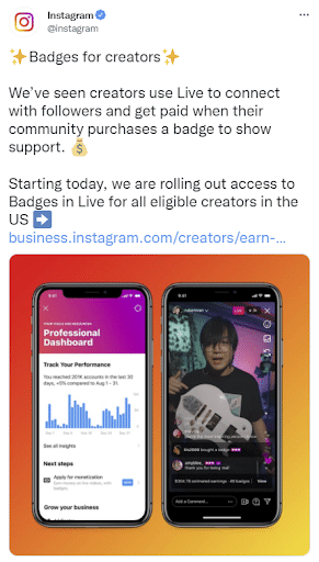 Instagram post announcing the rollout of Badges for more creators