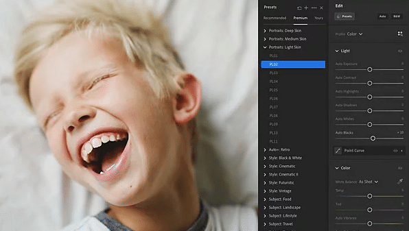 Photo of a laughing child edited with Adobe Lightroom