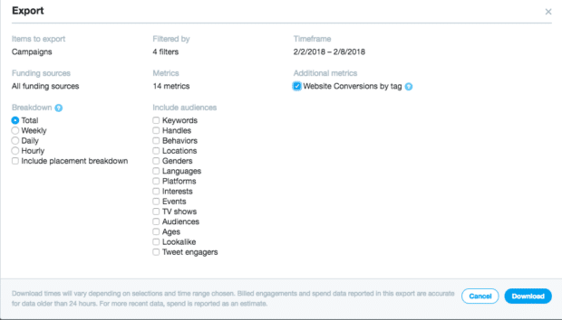 Twitter report export settings