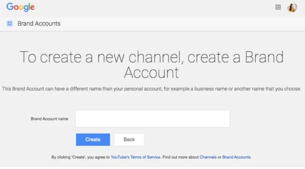 Mensaje de Google: Para crear un nuevo canal, crea una cuenta de marca