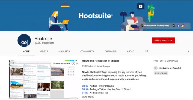 Arte de canal en YouTube: ejemplo del canal de Hootsuite